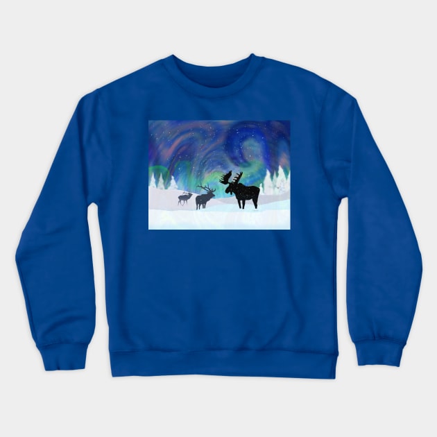 Northern Lights Moose and Elk Crewneck Sweatshirt by MelissaJBarrett